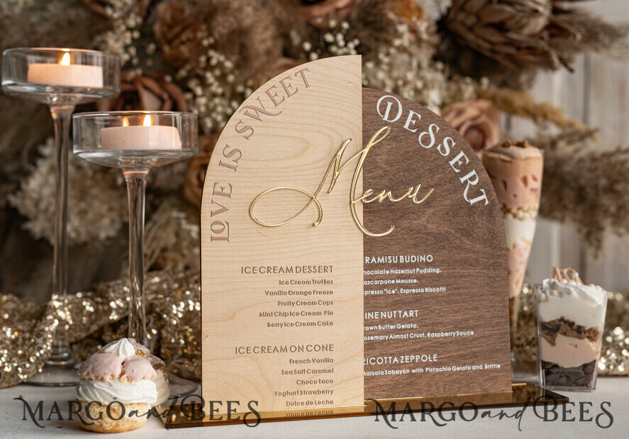 TABLE DECOR SIGNS Wood Eco Rustic Table numbers Acrylic Arch Dessert Menu, Ivory Frozen Acrylic gold Candy Bar Sign, Gold Plexi Table Dessert Menu Menu Combo Luxury Wedding Table Decor, Wedding Signage Golden