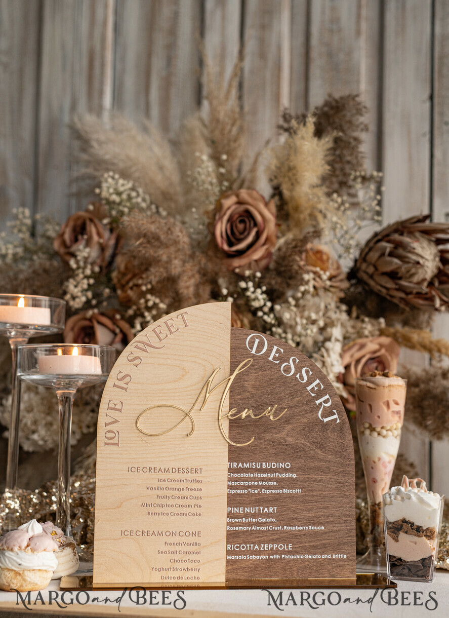 TABLE DECOR SIGNS Wood Eco Rustic Table numbers Acrylic Arch Dessert Menu, Ivory Frozen Acrylic gold Candy Bar Sign, Gold Plexi Table Dessert Menu Menu Combo Luxury Wedding Table Decor, Wedding Signage Golden