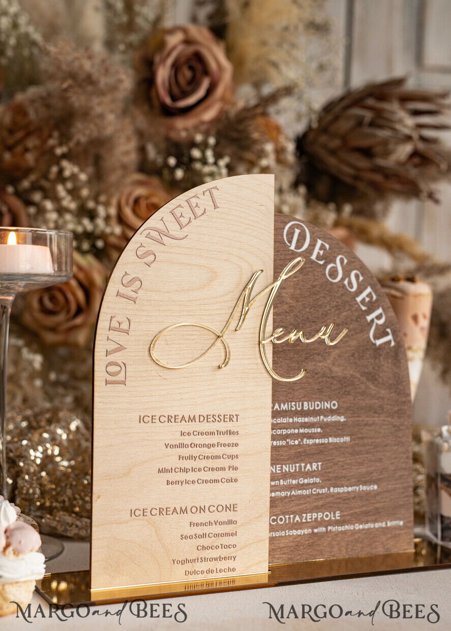 TABLE DECOR SIGNS Wood Eco Rustic Table numbers Acrylic Arch Dessert Menu, Ivory Frozen Acrylic gold Candy Bar Sign, Gold Plexi Table Dessert Menu Menu Combo Luxury Wedding Table Decor, Wedding Signage Golden