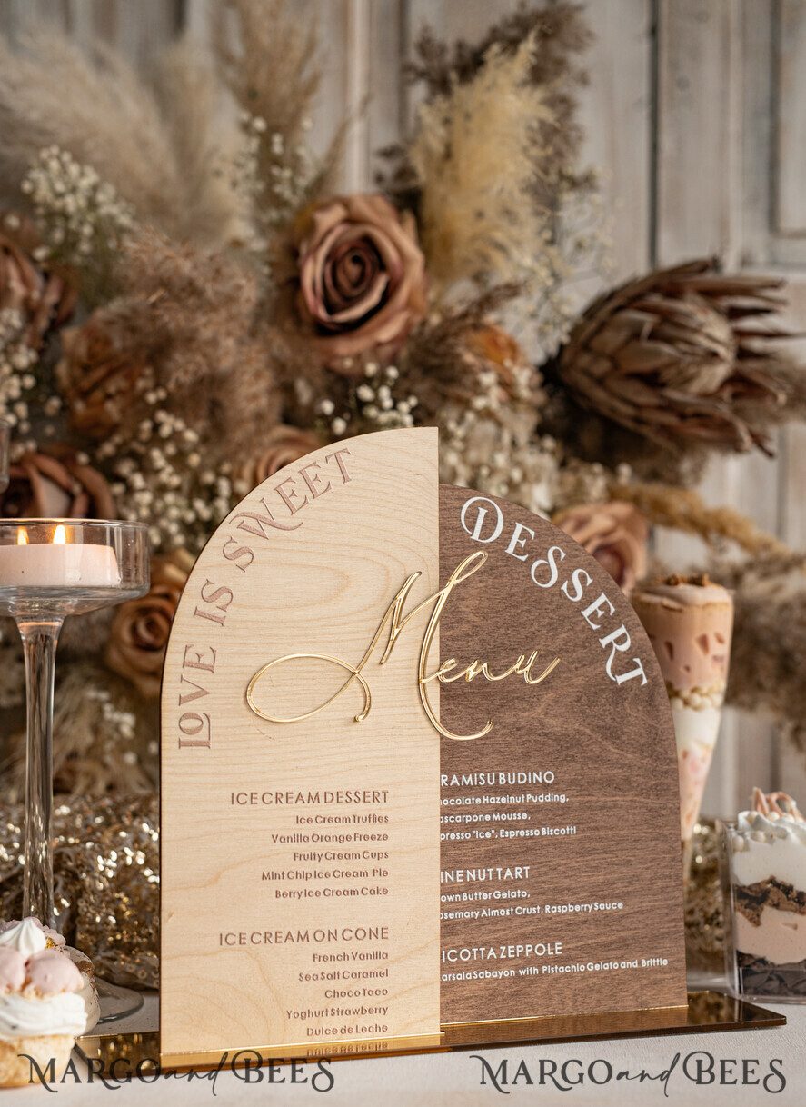 TABLE DECOR SIGNS Wood Eco Rustic Table numbers Acrylic Arch Dessert Menu, Ivory Frozen Acrylic gold Candy Bar Sign, Gold Plexi Table Dessert Menu Menu Combo Luxury Wedding Table Decor, Wedding Signage Golden