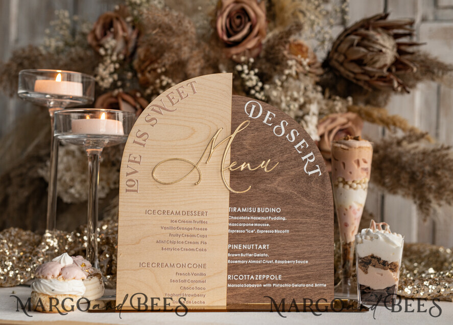 TABLE DECOR SIGNS Wood Eco Rustic Table numbers Acrylic Arch Dessert Menu, Ivory Frozen Acrylic gold Candy Bar Sign, Gold Plexi Table Dessert Menu Menu Combo Luxury Wedding Table Decor, Wedding Signage Golden