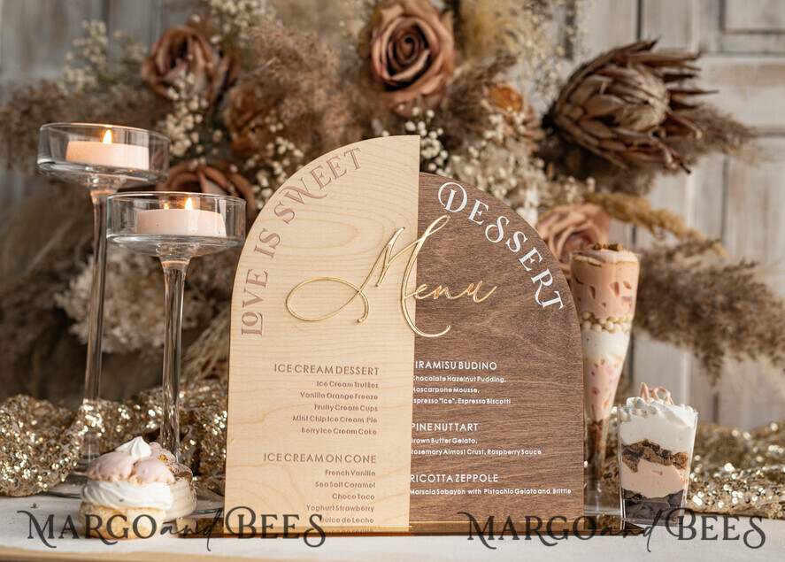TABLE DECOR SIGNS Wood Eco Rustic Table numbers Acrylic Arch Dessert Menu, Ivory Frozen Acrylic gold Candy Bar Sign, Gold Plexi Table Dessert Menu Menu Combo Luxury Wedding Table Decor, Wedding Signage Golden
