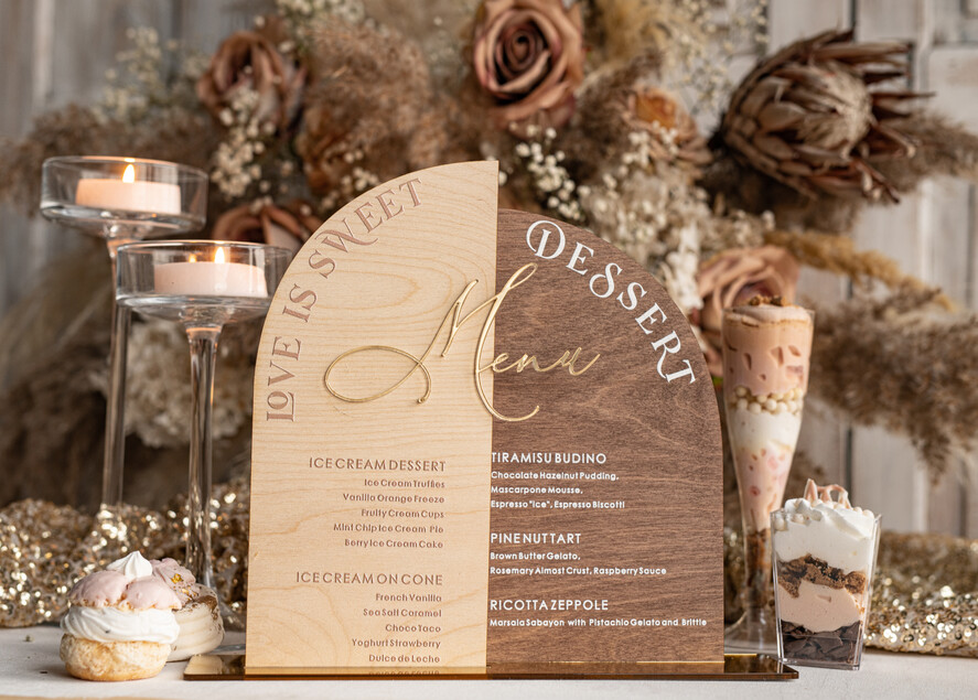 TABLE DECOR SIGNS Wood Eco Rustic Table numbers Acrylic Arch Dessert Menu, Ivory Frozen Acrylic gold Candy Bar Sign, Gold Plexi Table Dessert Menu Menu Combo Luxury Wedding Table Decor, Wedding Signage Golden