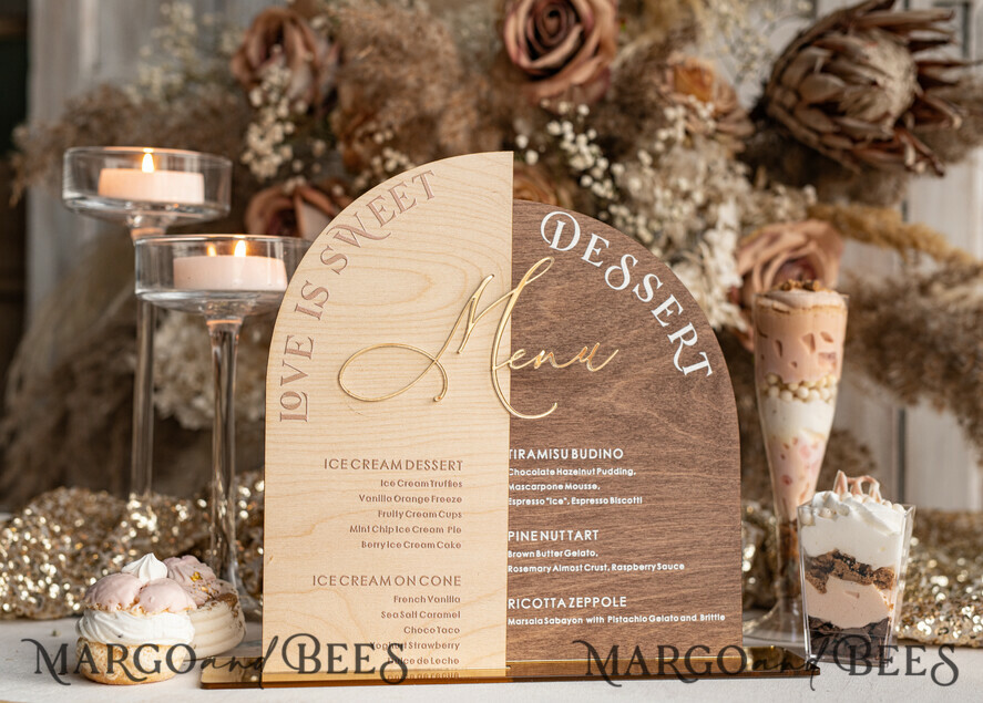 TABLE DECOR SIGNS Wood Eco Rustic Table numbers Acrylic Arch Dessert Menu, Ivory Frozen Acrylic gold Candy Bar Sign, Gold Plexi Table Dessert Menu Menu Combo Luxury Wedding Table Decor, Wedding Signage Golden