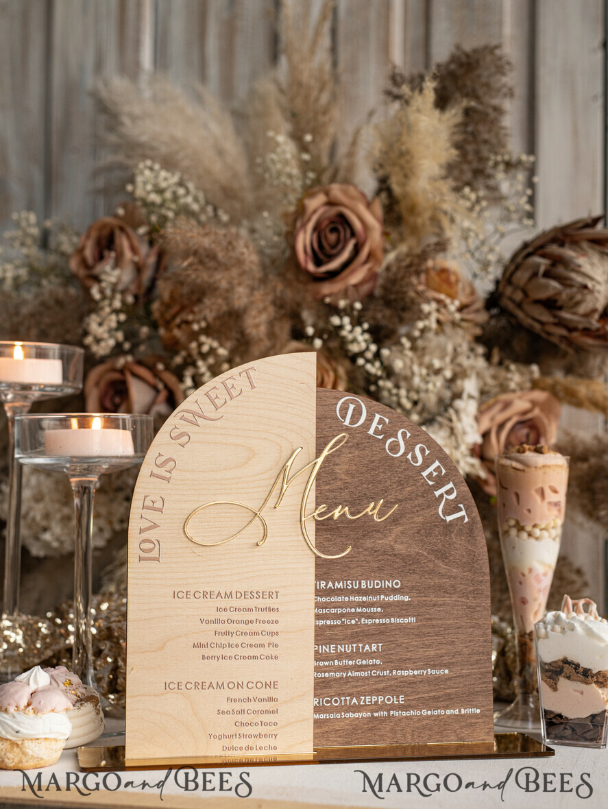 TABLE DECOR SIGNS Wood Eco Rustic Table numbers Acrylic Arch Dessert Menu, Ivory Frozen Acrylic gold Candy Bar Sign, Gold Plexi Table Dessert Menu Menu Combo Luxury Wedding Table Decor, Wedding Signage Golden