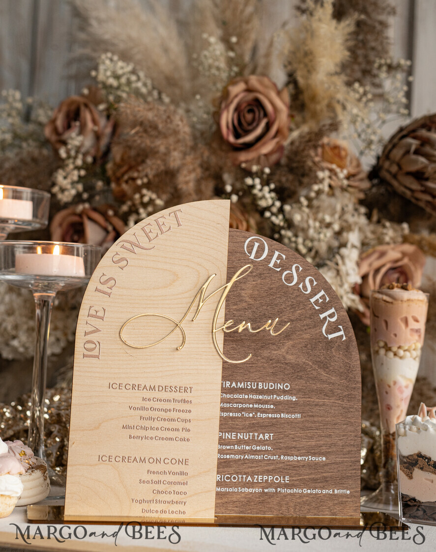 TABLE DECOR SIGNS Wood Eco Rustic Table numbers Acrylic Arch Dessert Menu, Ivory Frozen Acrylic gold Candy Bar Sign, Gold Plexi Table Dessert Menu Menu Combo Luxury Wedding Table Decor, Wedding Signage Golden