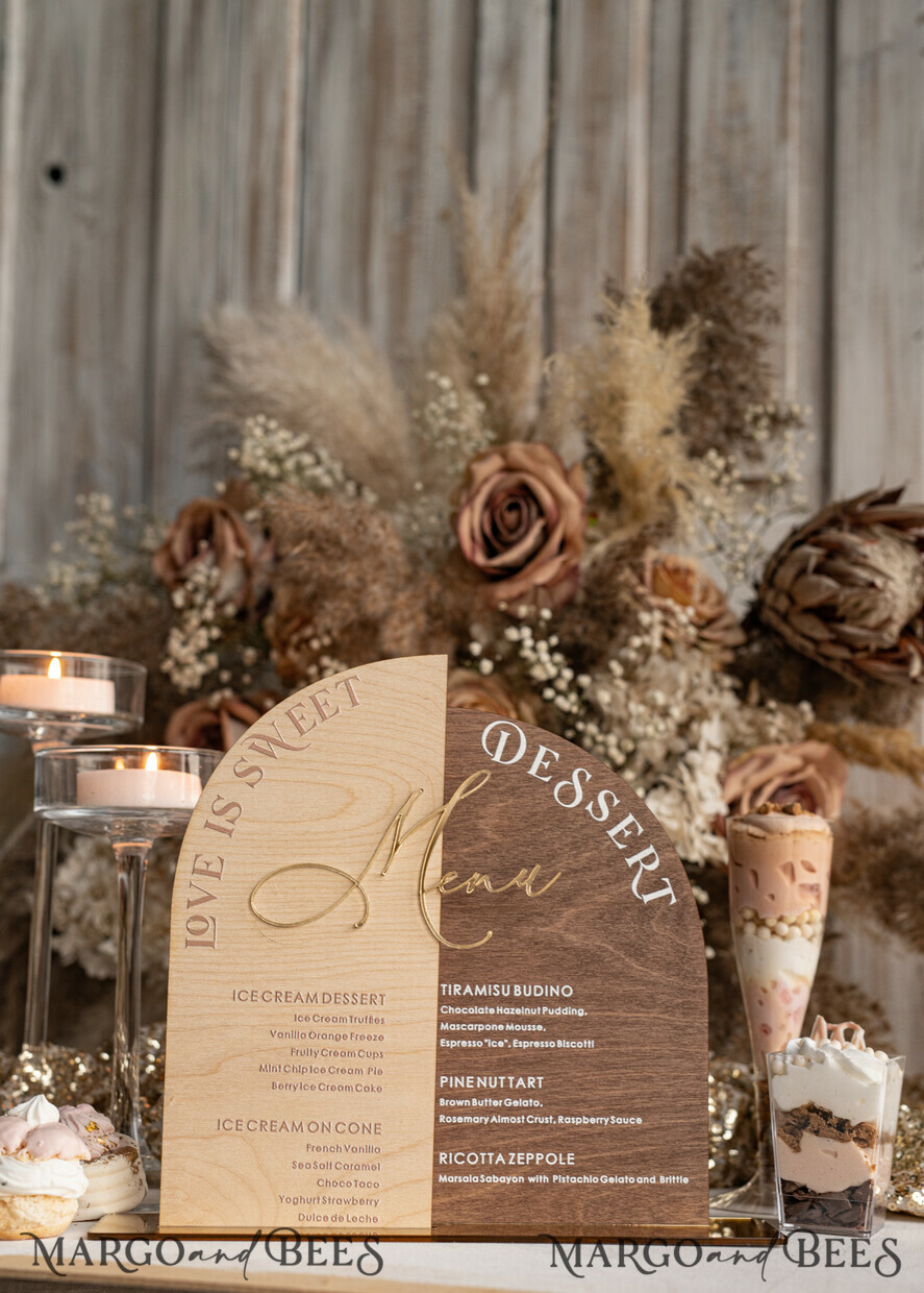 TABLE DECOR SIGNS Wood Eco Rustic Table numbers Acrylic Arch Dessert Menu, Ivory Frozen Acrylic gold Candy Bar Sign, Gold Plexi Table Dessert Menu Menu Combo Luxury Wedding Table Decor, Wedding Signage Golden