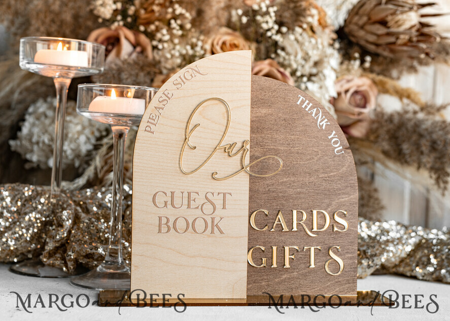 TABLE DECOR SIGNS Wood Eco Rustic Table numbers Rustic wood Golden Acrylic gifts & cards signs with stand, Wooden gold guestbook Sign, Golden Plexi wood gifts & cards signs, Luxury Wedding guestbook Decor Centerpieces