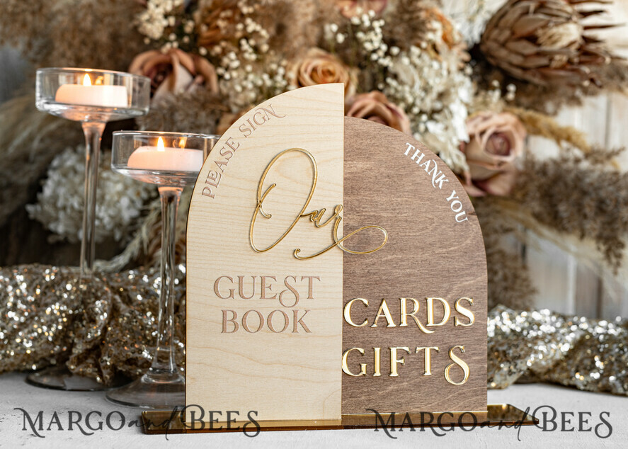 TABLE DECOR SIGNS Wood Eco Rustic Table numbers Rustic wood Golden Acrylic gifts & cards signs with stand, Wooden gold guestbook Sign, Golden Plexi wood gifts & cards signs, Luxury Wedding guestbook Decor Centerpieces