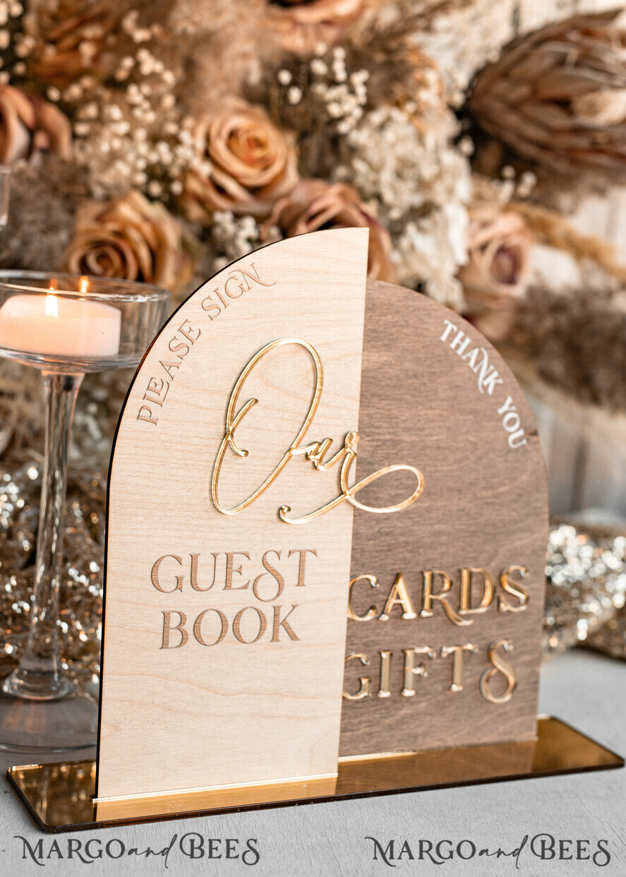 TABLE DECOR SIGNS Wood Eco Rustic Table numbers Rustic wood Golden Acrylic gifts & cards signs with stand, Wooden gold guestbook Sign, Golden Plexi wood gifts & cards signs, Luxury Wedding guestbook Decor Centerpieces