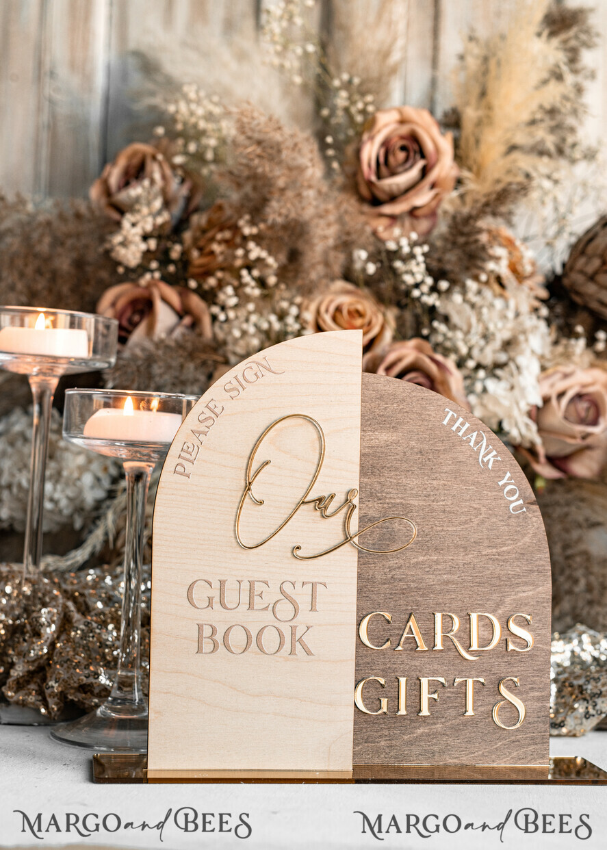 TABLE DECOR SIGNS Wood Eco Rustic Table numbers Rustic wood Golden Acrylic gifts & cards signs with stand, Wooden gold guestbook Sign, Golden Plexi wood gifts & cards signs, Luxury Wedding guestbook Decor Centerpieces
