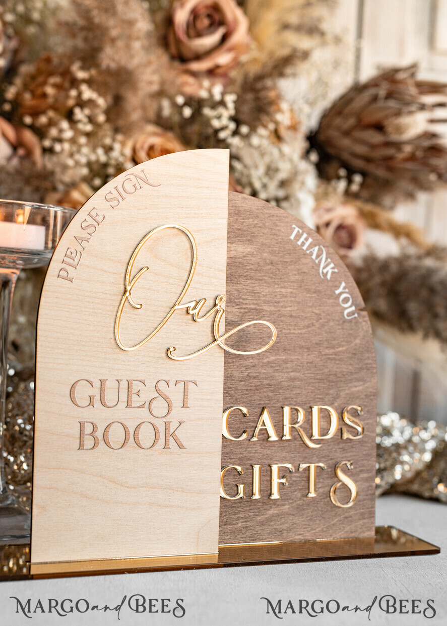 TABLE DECOR SIGNS Wood Eco Rustic Table numbers Rustic wood Golden Acrylic gifts & cards signs with stand, Wooden gold guestbook Sign, Golden Plexi wood gifts & cards signs, Luxury Wedding guestbook Decor Centerpieces