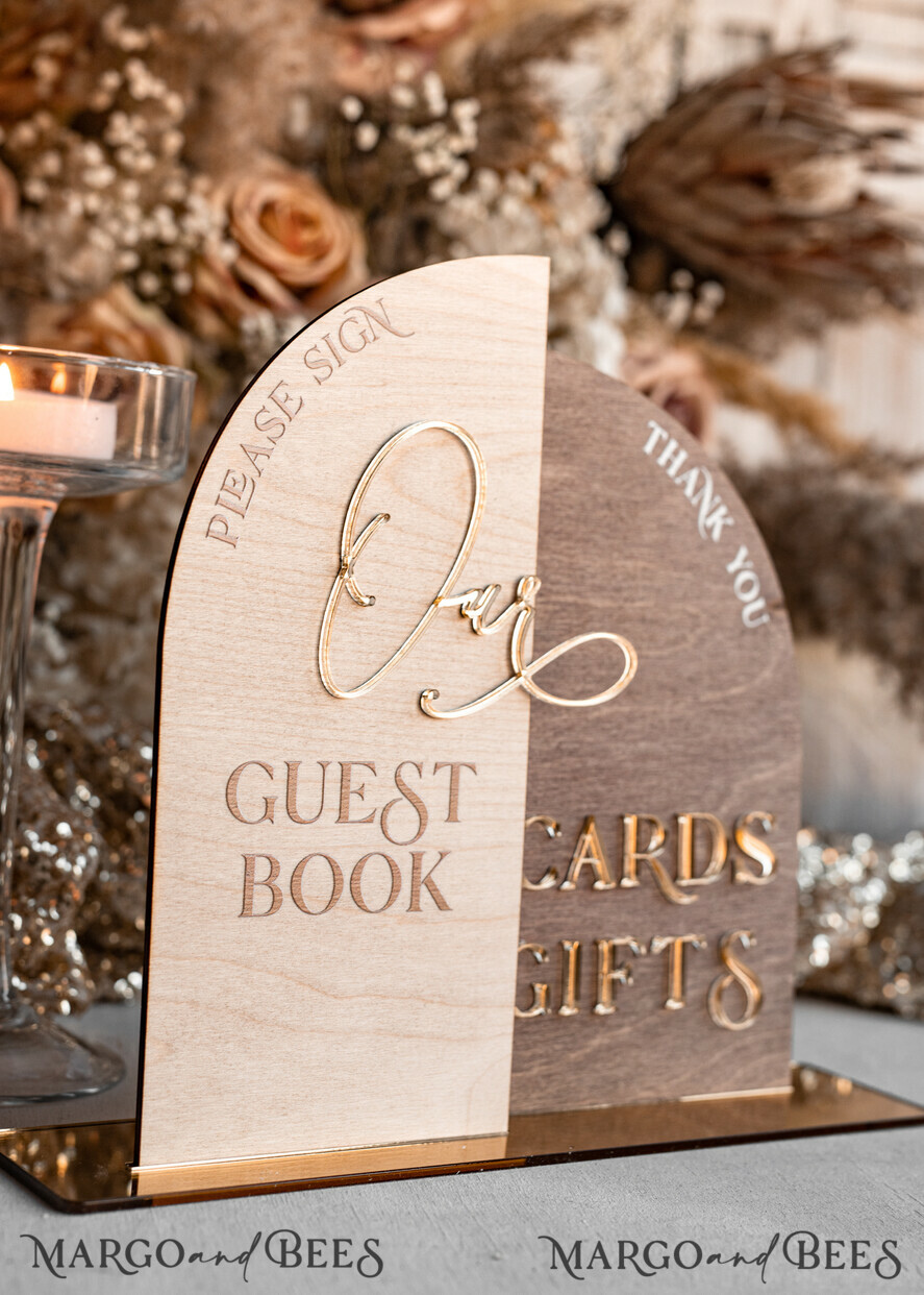 TABLE DECOR SIGNS Wood Eco Rustic Table numbers Rustic wood Golden Acrylic gifts & cards signs with stand, Wooden gold guestbook Sign, Golden Plexi wood gifts & cards signs, Luxury Wedding guestbook Decor Centerpieces