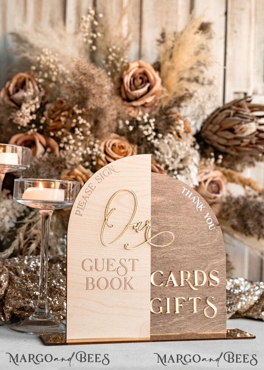 TABLE DECOR SIGNS Wood Eco Rustic Table numbers Rustic wood Golden Acrylic gifts & cards signs with stand, Wooden gold guestbook Sign, Golden Plexi wood gifts & cards signs, Luxury Wedding guestbook Decor Centerpieces