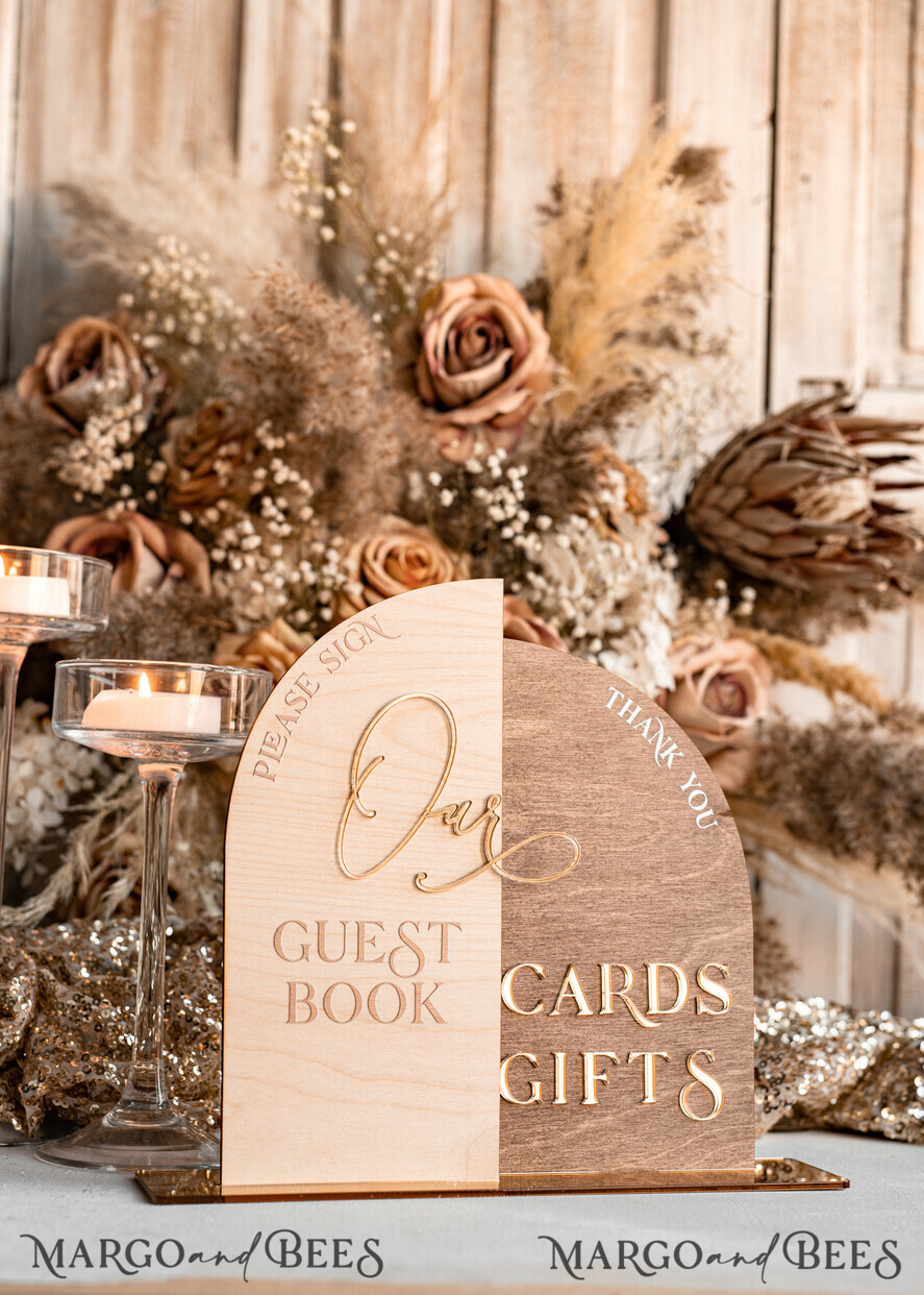 TABLE DECOR SIGNS Wood Eco Rustic Table numbers Rustic wood Golden Acrylic gifts & cards signs with stand, Wooden gold guestbook Sign, Golden Plexi wood gifts & cards signs, Luxury Wedding guestbook Decor Centerpieces