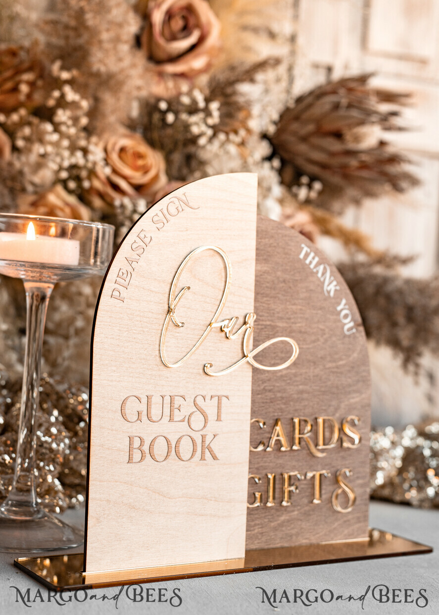 TABLE DECOR SIGNS Wood Eco Rustic Table numbers Rustic wood Golden Acrylic gifts & cards signs with stand, Wooden gold guestbook Sign, Golden Plexi wood gifts & cards signs, Luxury Wedding guestbook Decor Centerpieces