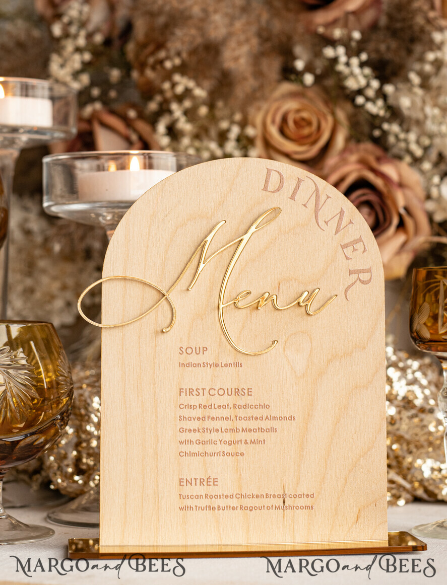 TABLE DECOR SIGNS Wood Eco Rustic Table numbers Rustic Wooden Arch Dinner menu, Wood & Acrylic gold Table Sign, Gold Barn Plexi Wedding Menu Combo Rustic Boho Wedding Table Decor, Wedding Signage Golden mirror table Menus