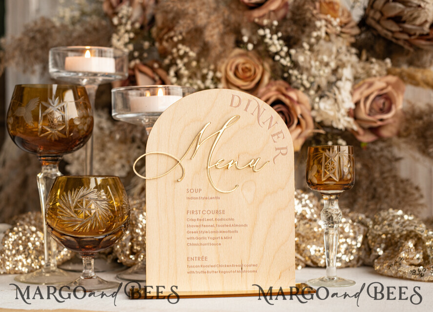 TABLE DECOR SIGNS Wood Eco Rustic Table numbers Rustic Wooden Arch Dinner menu, Wood & Acrylic gold Table Sign, Gold Barn Plexi Wedding Menu Combo Rustic Boho Wedding Table Decor, Wedding Signage Golden mirror table Menus