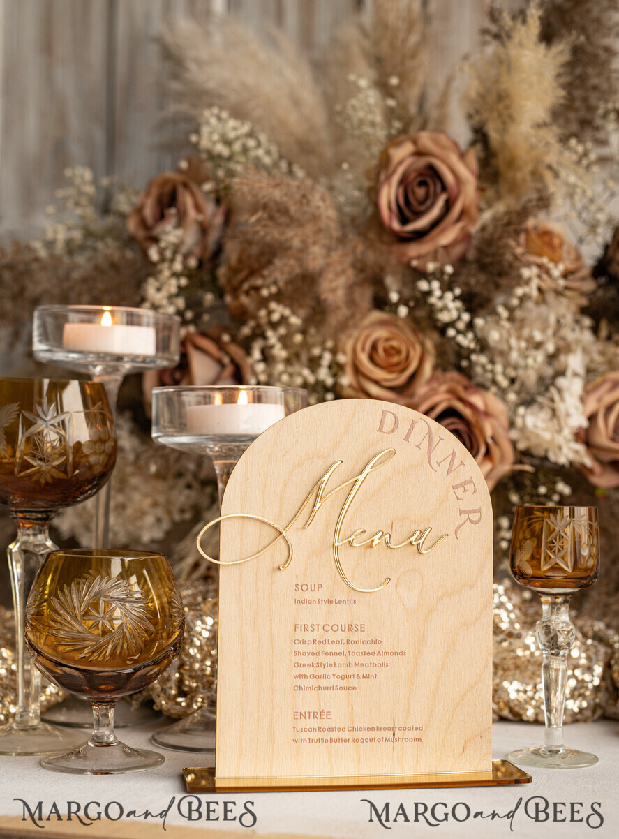 TABLE DECOR SIGNS Wood Eco Rustic Table numbers Rustic Wooden Arch Dinner menu, Wood & Acrylic gold Table Sign, Gold Barn Plexi Wedding Menu Combo Rustic Boho Wedding Table Decor, Wedding Signage Golden mirror table Menus