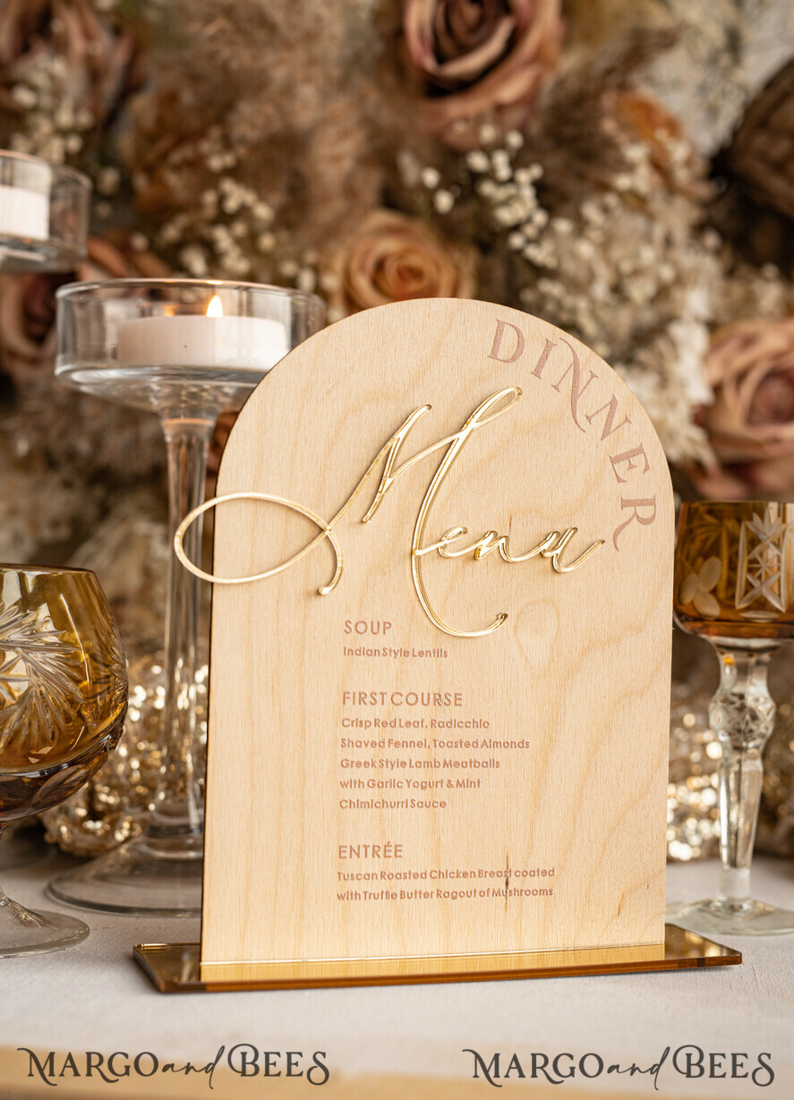 TABLE DECOR SIGNS Wood Eco Rustic Table numbers Rustic Wooden Arch Dinner menu, Wood & Acrylic gold Table Sign, Gold Barn Plexi Wedding Menu Combo Rustic Boho Wedding Table Decor, Wedding Signage Golden mirror table Menus