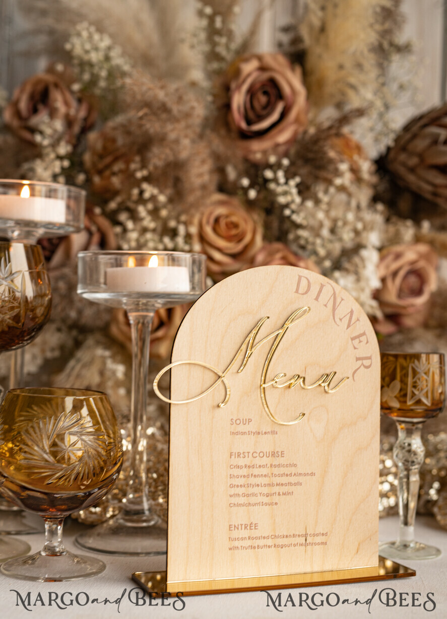 TABLE DECOR SIGNS Wood Eco Rustic Table numbers Rustic Wooden Arch Dinner menu, Wood & Acrylic gold Table Sign, Gold Barn Plexi Wedding Menu Combo Rustic Boho Wedding Table Decor, Wedding Signage Golden mirror table Menus