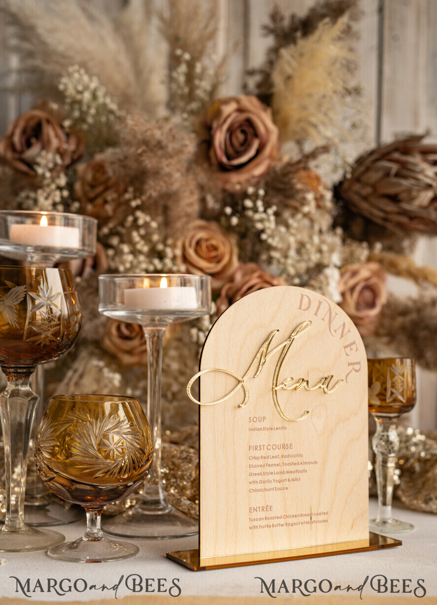 TABLE DECOR SIGNS Wood Eco Rustic Table numbers Rustic Wooden Arch Dinner menu, Wood & Acrylic gold Table Sign, Gold Barn Plexi Wedding Menu Combo Rustic Boho Wedding Table Decor, Wedding Signage Golden mirror table Menus
