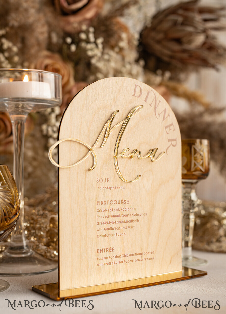 TABLE DECOR SIGNS Wood Eco Rustic Table numbers Rustic Wooden Arch Dinner menu, Wood & Acrylic gold Table Sign, Gold Barn Plexi Wedding Menu Combo Rustic Boho Wedding Table Decor, Wedding Signage Golden mirror table Menus