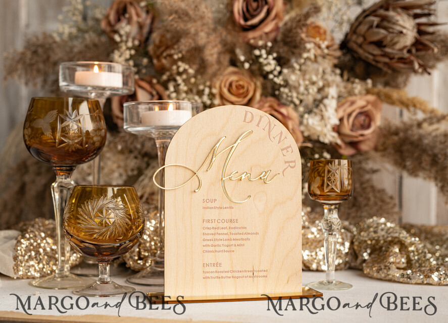 TABLE DECOR SIGNS Wood Eco Rustic Table numbers Rustic Wooden Arch Dinner menu, Wood & Acrylic gold Table Sign, Gold Barn Plexi Wedding Menu Combo Rustic Boho Wedding Table Decor, Wedding Signage Golden mirror table Menus