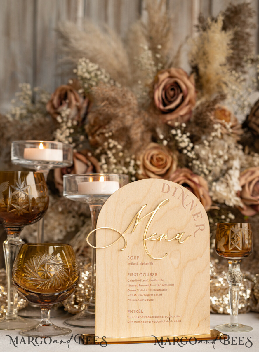 TABLE DECOR SIGNS Wood Eco Rustic Table numbers Rustic Wooden Arch Dinner menu, Wood & Acrylic gold Table Sign, Gold Barn Plexi Wedding Menu Combo Rustic Boho Wedding Table Decor, Wedding Signage Golden mirror table Menus
