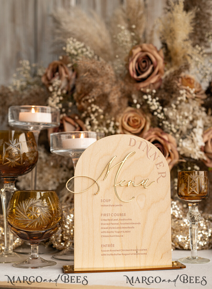 TABLE DECOR SIGNS Wood Eco Rustic Table numbers Rustic Wooden Arch Dinner menu, Wood & Acrylic gold Table Sign, Gold Barn Plexi Wedding Menu Combo Rustic Boho Wedding Table Decor, Wedding Signage Golden mirror table Menus