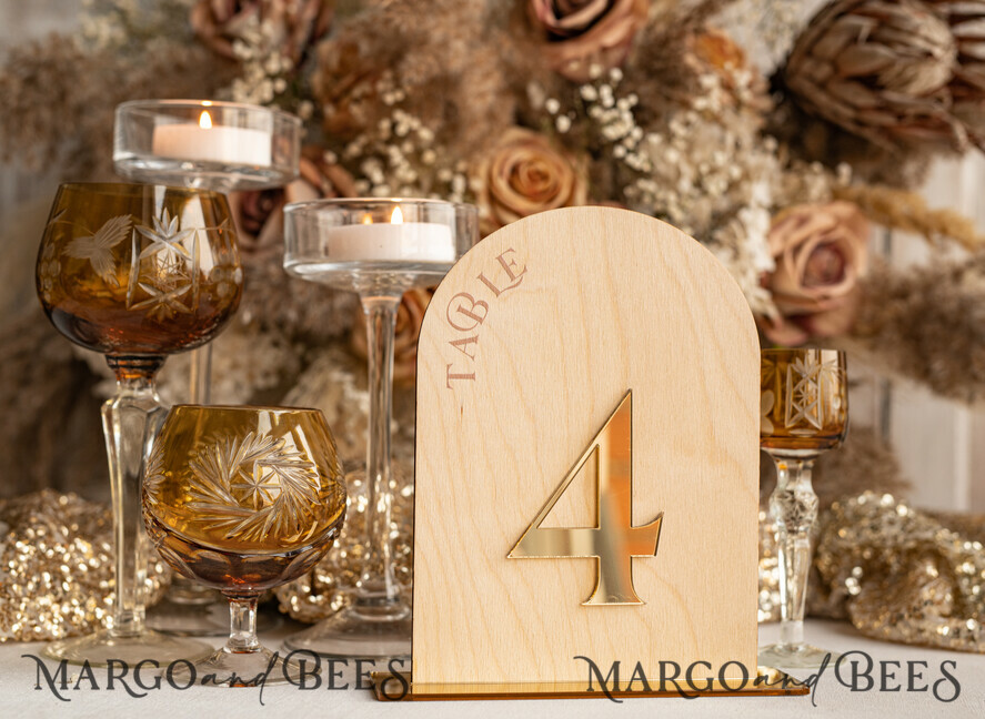 TABLE DECOR SIGNS Wood Eco Rustic Table numbers Rustic Wood Arch Wedding Table Numbers, Wooden Gold Plexi Table Numbers, Country Barn Wedding Table Decor, Wedding Signage Wood Golden mirror table numbers