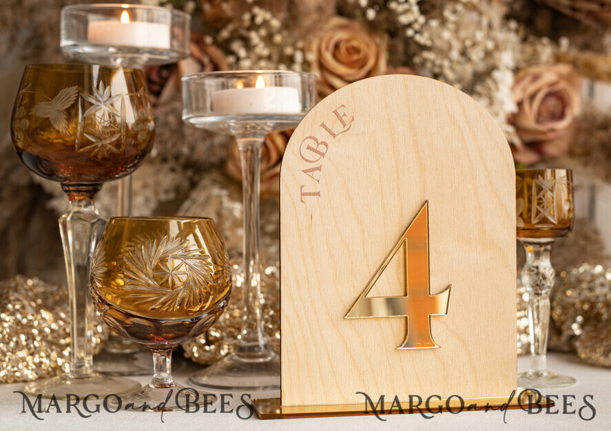 TABLE DECOR SIGNS Wood Eco Rustic Table numbers Rustic Wood Arch Wedding Table Numbers, Wooden Gold Plexi Table Numbers, Country Barn Wedding Table Decor, Wedding Signage Wood Golden mirror table numbers