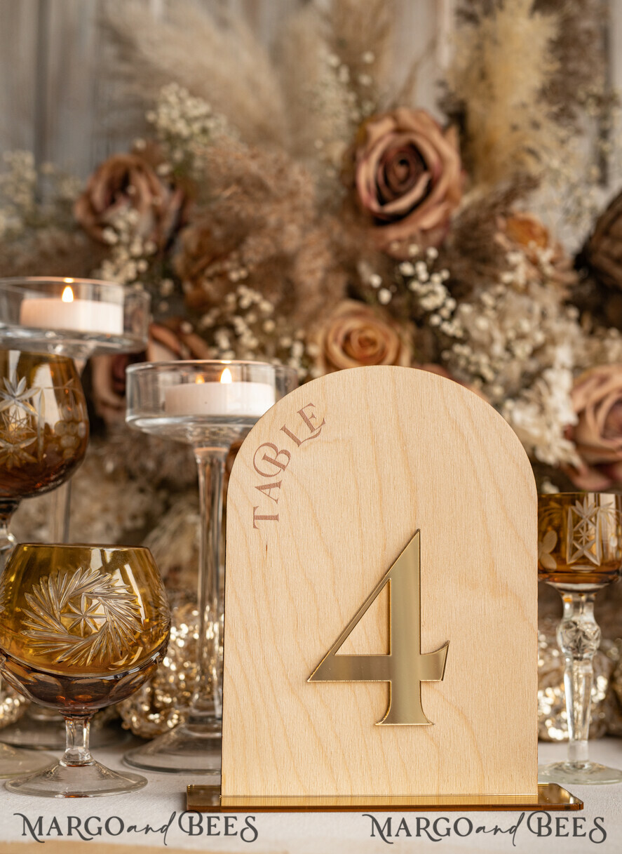 TABLE DECOR SIGNS Wood Eco Rustic Table numbers Rustic Wood Arch Wedding Table Numbers, Wooden Gold Plexi Table Numbers, Country Barn Wedding Table Decor, Wedding Signage Wood Golden mirror table numbers