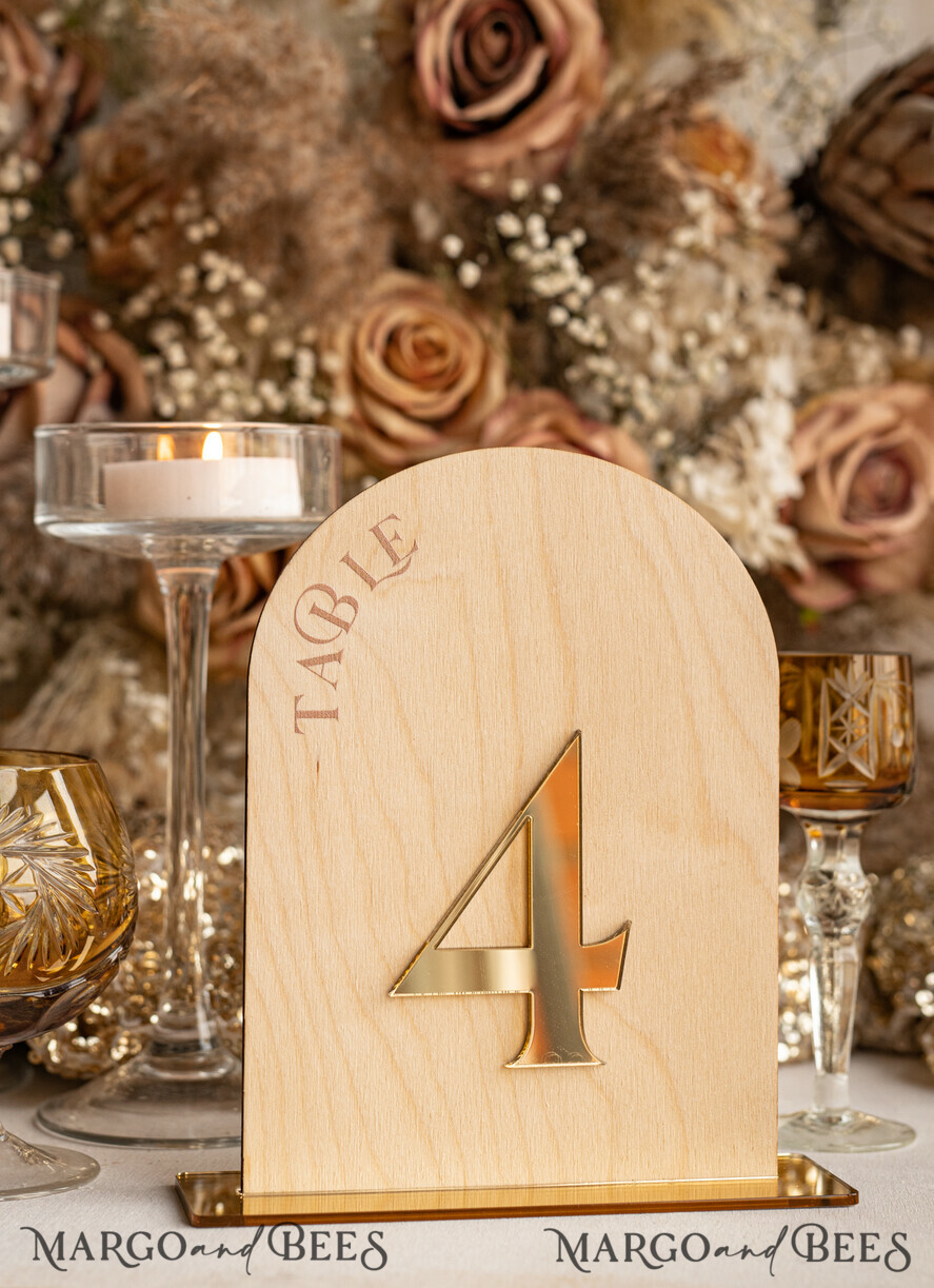 TABLE DECOR SIGNS Wood Eco Rustic Table numbers Rustic Wood Arch Wedding Table Numbers, Wooden Gold Plexi Table Numbers, Country Barn Wedding Table Decor, Wedding Signage Wood Golden mirror table numbers