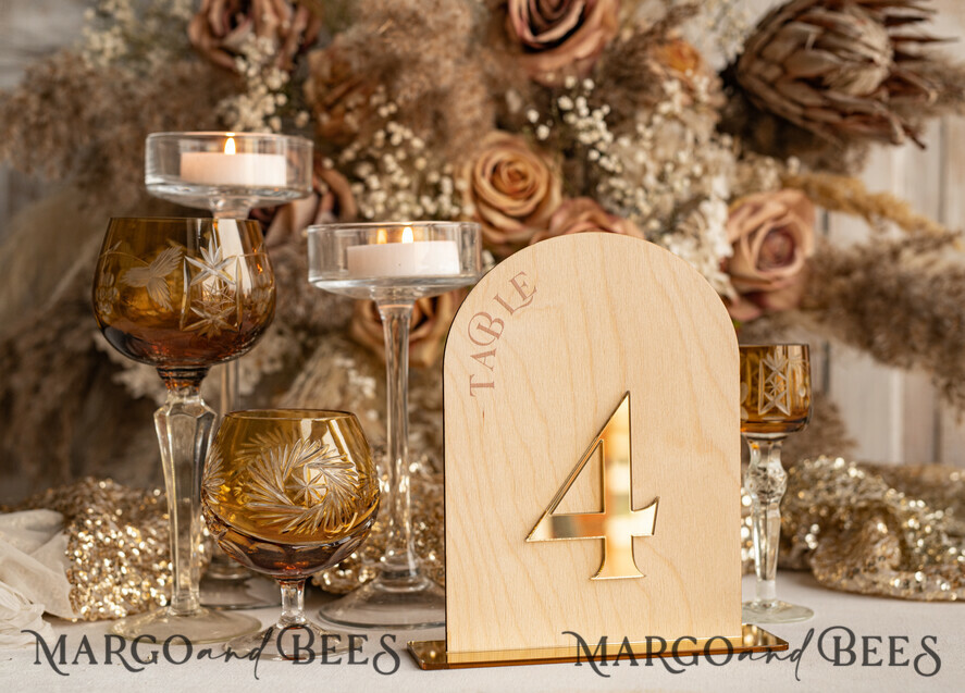 TABLE DECOR SIGNS Wood Eco Rustic Table numbers Rustic Wood Arch Wedding Table Numbers, Wooden Gold Plexi Table Numbers, Country Barn Wedding Table Decor, Wedding Signage Wood Golden mirror table numbers