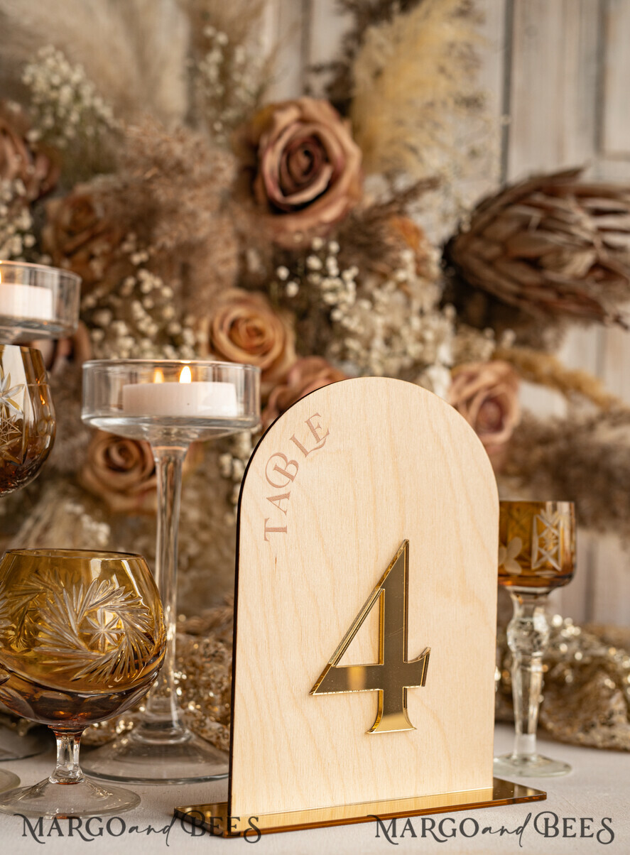 TABLE DECOR SIGNS Wood Eco Rustic Table numbers Rustic Wood Arch Wedding Table Numbers, Wooden Gold Plexi Table Numbers, Country Barn Wedding Table Decor, Wedding Signage Wood Golden mirror table numbers