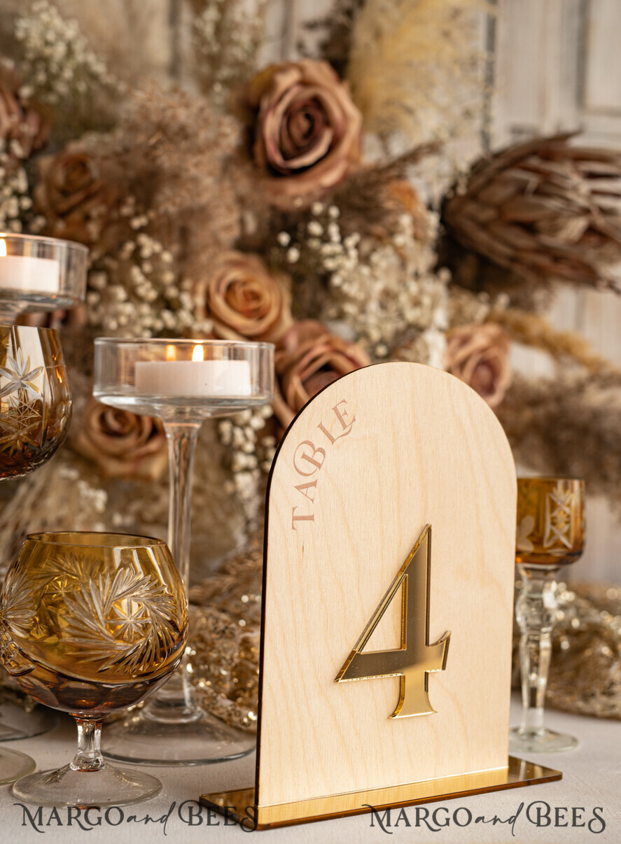TABLE DECOR SIGNS Wood Eco Rustic Table numbers Rustic Wood Arch Wedding Table Numbers, Wooden Gold Plexi Table Numbers, Country Barn Wedding Table Decor, Wedding Signage Wood Golden mirror table numbers