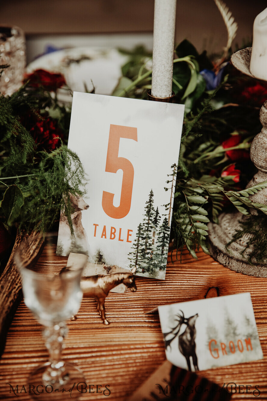 TABLE DECOR SIGNS Wood Eco Rustic Table numbers Forest Wedding Table number, Watercolor Trees Table Cards, Mountain Scene Woodland Wedding Table Décor, Forest Green Rustic Table Sign, Woodland Wedding Cards