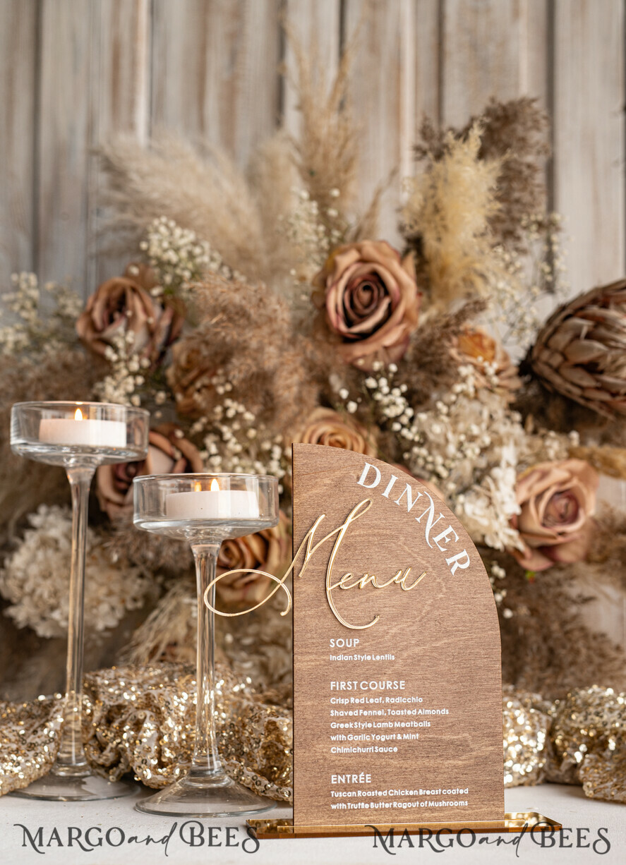 TABLE DECOR SIGNS Wood Eco Rustic Table numbers Rustic Wooden half Arch Dinner menu, Wood & Acrylic gold Table Sign, Gold Barn Plexi Wedding Menu Combo Rustic Boho Wedding Table Decor, Wedding Signage Golden mirror table Menus