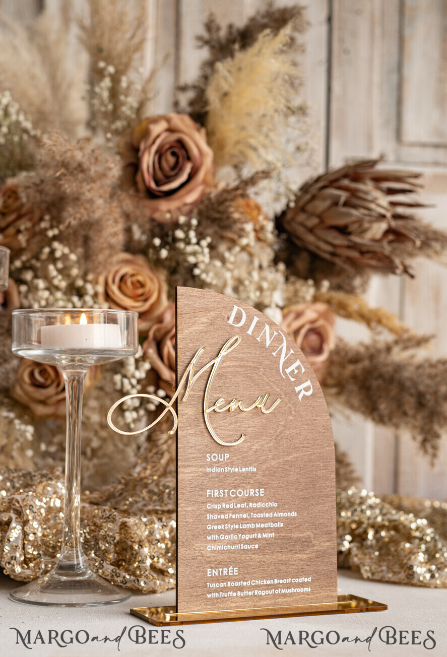 TABLE DECOR SIGNS Wood Eco Rustic Table numbers Rustic Wooden half Arch Dinner menu, Wood & Acrylic gold Table Sign, Gold Barn Plexi Wedding Menu Combo Rustic Boho Wedding Table Decor, Wedding Signage Golden mirror table Menus