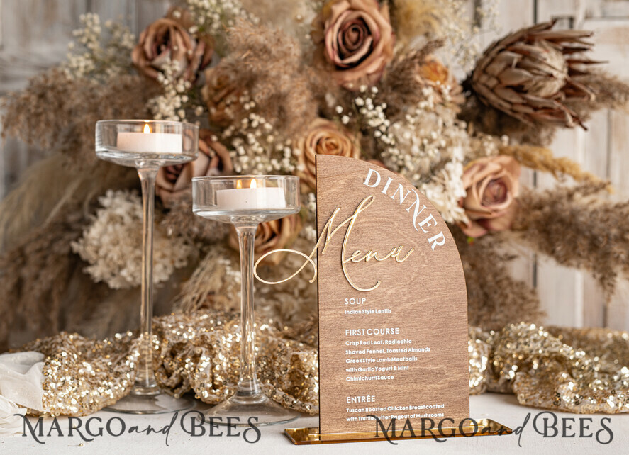 TABLE DECOR SIGNS Wood Eco Rustic Table numbers Rustic Wooden half Arch Dinner menu, Wood & Acrylic gold Table Sign, Gold Barn Plexi Wedding Menu Combo Rustic Boho Wedding Table Decor, Wedding Signage Golden mirror table Menus