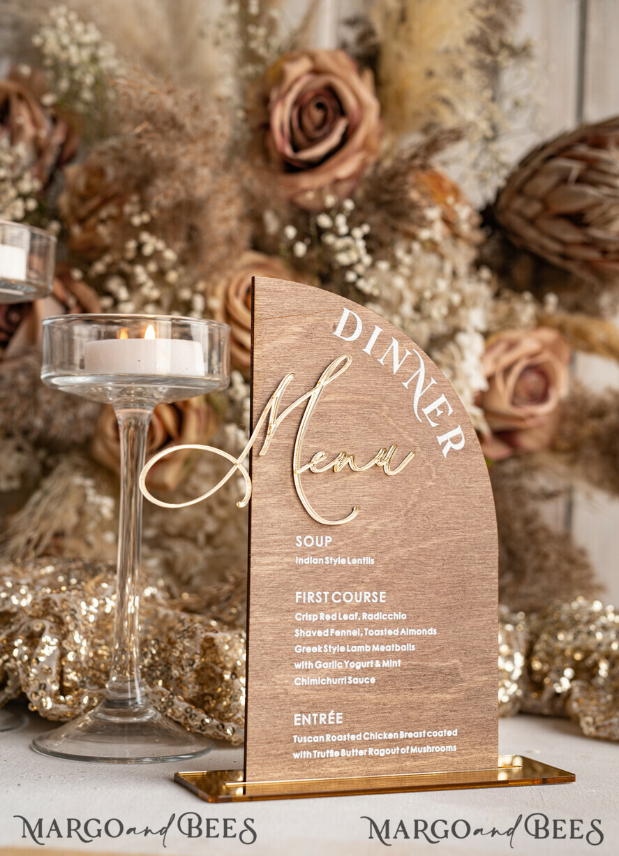 TABLE DECOR SIGNS Wood Eco Rustic Table numbers Rustic Wooden half Arch Dinner menu, Wood & Acrylic gold Table Sign, Gold Barn Plexi Wedding Menu Combo Rustic Boho Wedding Table Decor, Wedding Signage Golden mirror table Menus