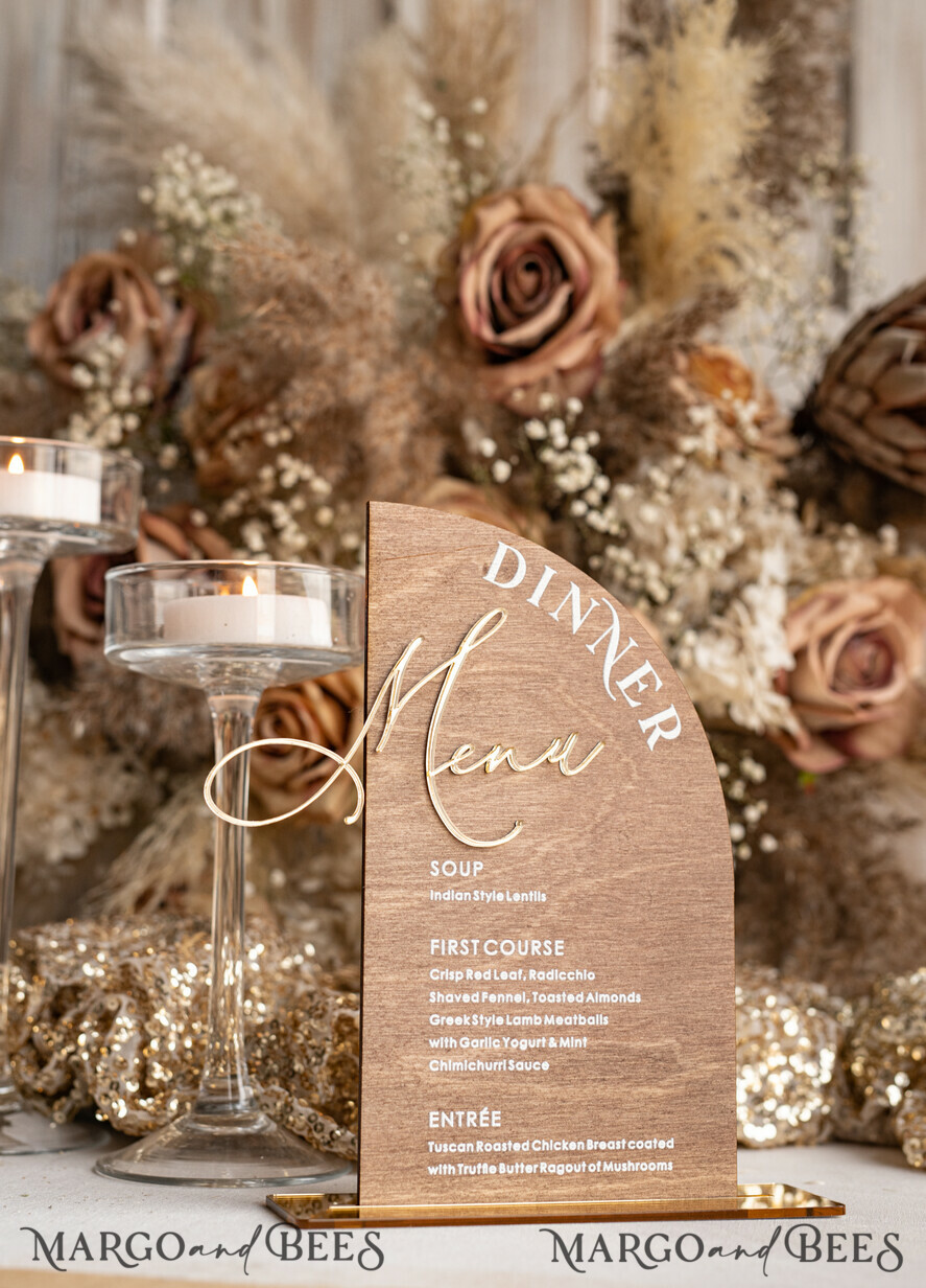 TABLE DECOR SIGNS Wood Eco Rustic Table numbers Rustic Wooden half Arch Dinner menu, Wood & Acrylic gold Table Sign, Gold Barn Plexi Wedding Menu Combo Rustic Boho Wedding Table Decor, Wedding Signage Golden mirror table Menus