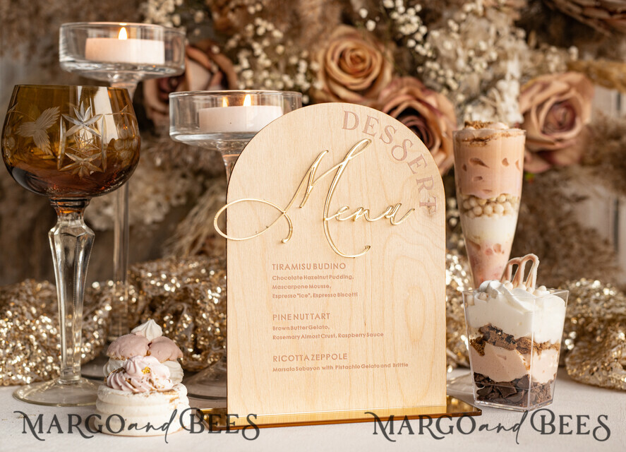 TABLE DECOR SIGNS Wood Eco Rustic Table numbers Rustic Wooden Arch Dessert Menu with Stand, Country Barn Wood Acrylic gold Candy Bar Sign, Natural Wood Gold Plexi Table Dessert Menu Wedding Table Decor, Wedding Signage Golden mirror and Wooden Candy Bar Menu