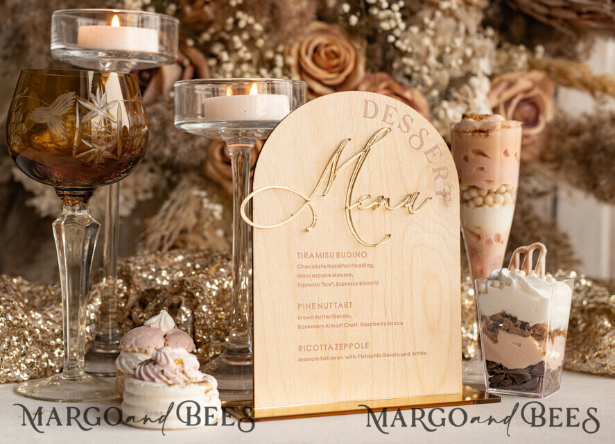 TABLE DECOR SIGNS Wood Eco Rustic Table numbers Rustic Wooden Arch Dessert Menu with Stand, Country Barn Wood Acrylic gold Candy Bar Sign, Natural Wood Gold Plexi Table Dessert Menu Wedding Table Decor, Wedding Signage Golden mirror and Wooden Candy Bar Menu