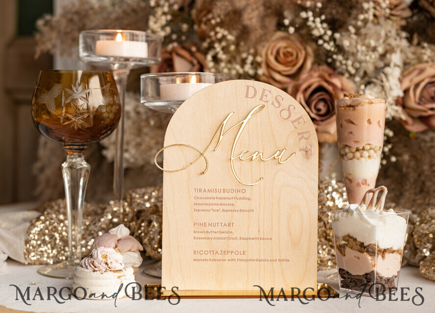 TABLE DECOR SIGNS Wood Eco Rustic Table numbers Rustic Wooden Arch Dessert Menu with Stand, Country Barn Wood Acrylic gold Candy Bar Sign, Natural Wood Gold Plexi Table Dessert Menu Wedding Table Decor, Wedding Signage Golden mirror and Wooden Candy Bar Menu