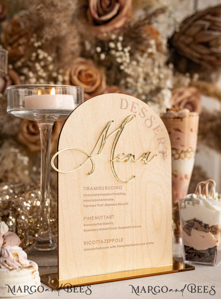 TABLE DECOR SIGNS Wood Eco Rustic Table numbers Rustic Wooden Arch Dessert Menu with Stand, Country Barn Wood Acrylic gold Candy Bar Sign, Natural Wood Gold Plexi Table Dessert Menu Wedding Table Decor, Wedding Signage Golden mirror and Wooden Candy Bar Menu