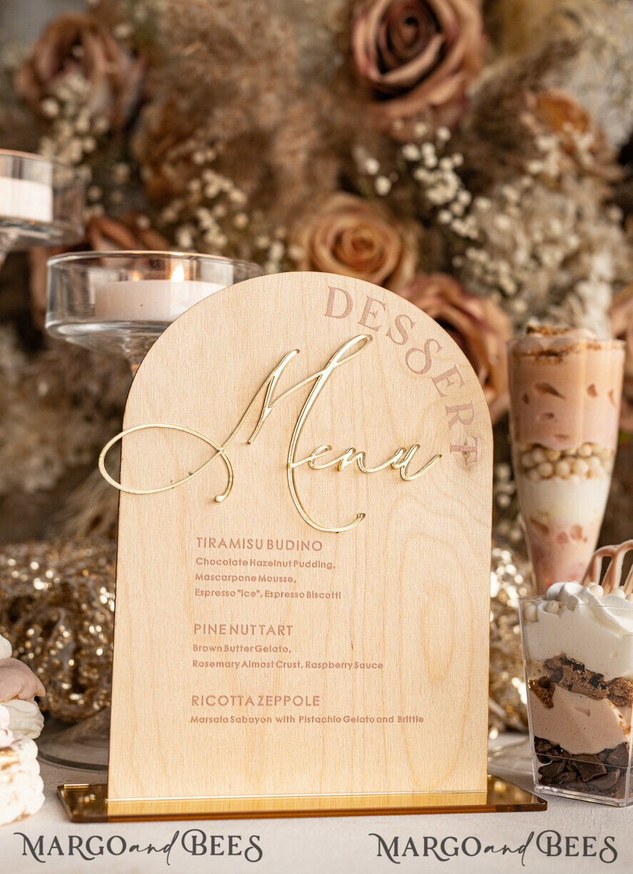 TABLE DECOR SIGNS Wood Eco Rustic Table numbers Rustic Wooden Arch Dessert Menu with Stand, Country Barn Wood Acrylic gold Candy Bar Sign, Natural Wood Gold Plexi Table Dessert Menu Wedding Table Decor, Wedding Signage Golden mirror and Wooden Candy Bar Menu