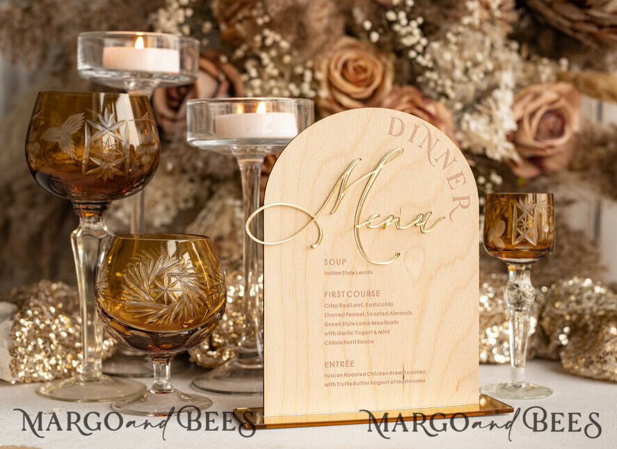 TABLE DECOR SIGNS Wood Eco Rustic Table numbers Rustic Wooden Arch Dessert Menu with Stand, Country Barn Wood Acrylic gold Candy Bar Sign, Natural Wood Gold Plexi Table Dessert Menu Wedding Table Decor, Wedding Signage Golden mirror and Wooden Candy Bar Menu