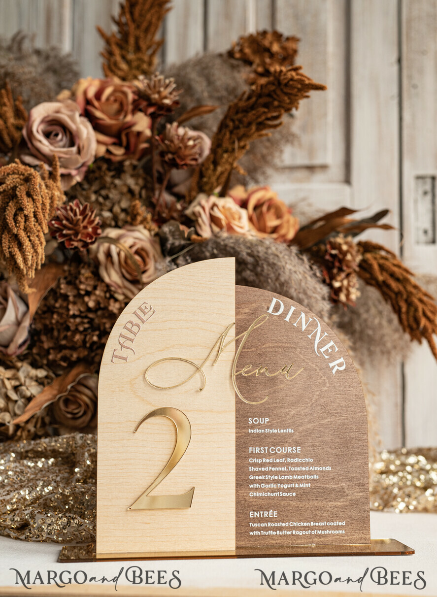 TABLE DECOR SIGNS Wood Eco Rustic Table numbers Rustic Wooden Arch Table Number & dinner menu Combo, Wood & Acrylic gold Sign, Gold Barn Plexi Table Numbers & Menu Combo Rustic Boho Wedding Table Decor, Wedding Signage Golden mirror table numbers & Menu